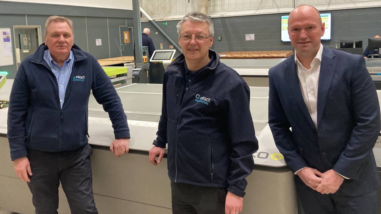 (L-R) Steve Mulchay, CEO, Gary Walker, finance director, both Contact Originators, with Mike Ball, Esko flexo sales manager